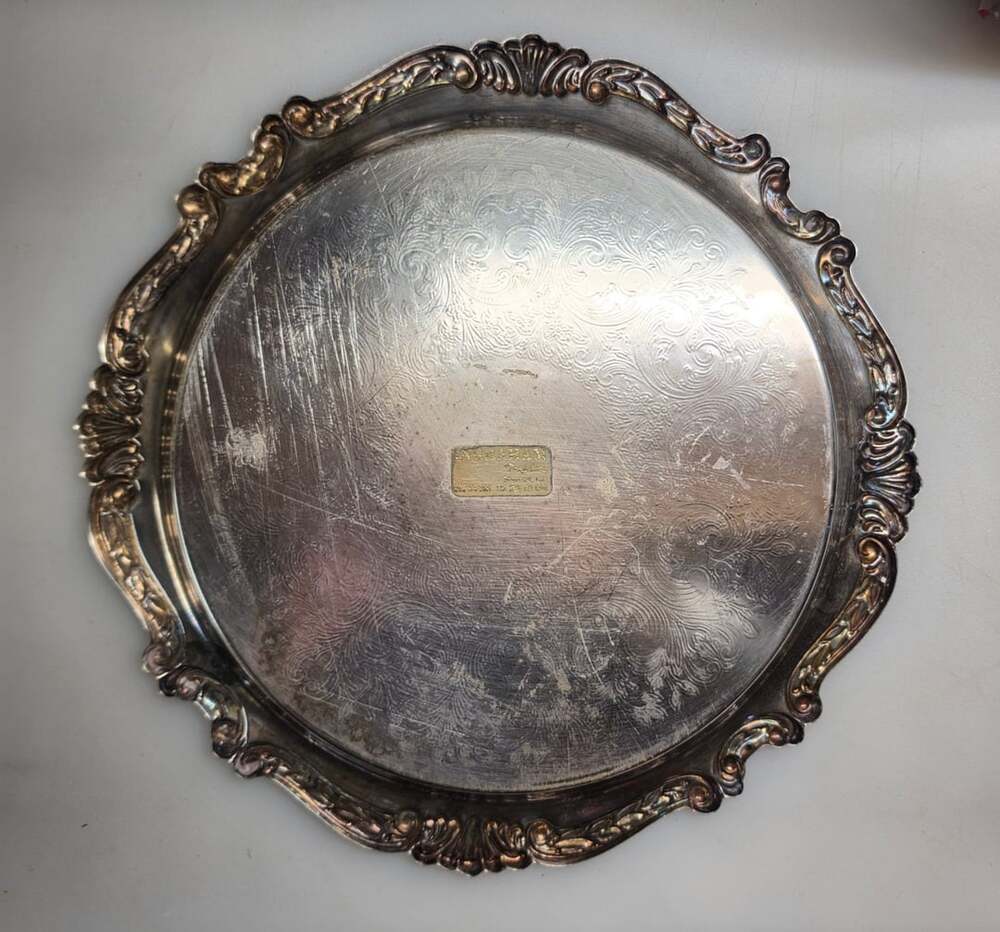 Sheridan Silver Plated Serving Tray Size 12.5" Round Platter Engraved